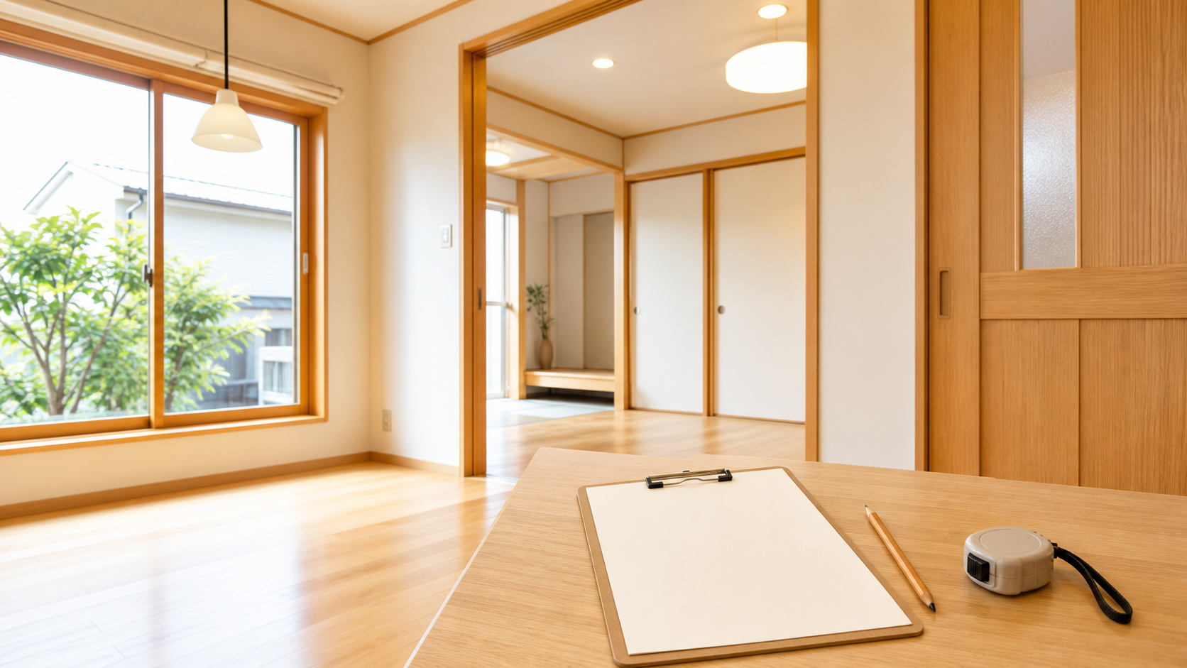 床や木製建具と点検準備を確認する室内のイメージ