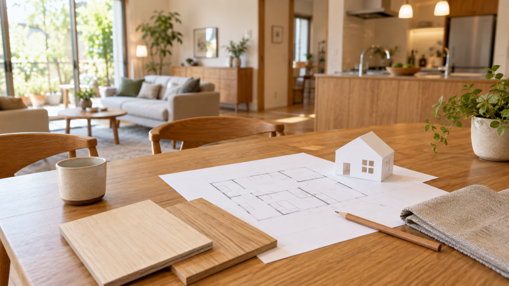 間取り図と素材見本で住まいの希望を整理する様子(イメージ画像)